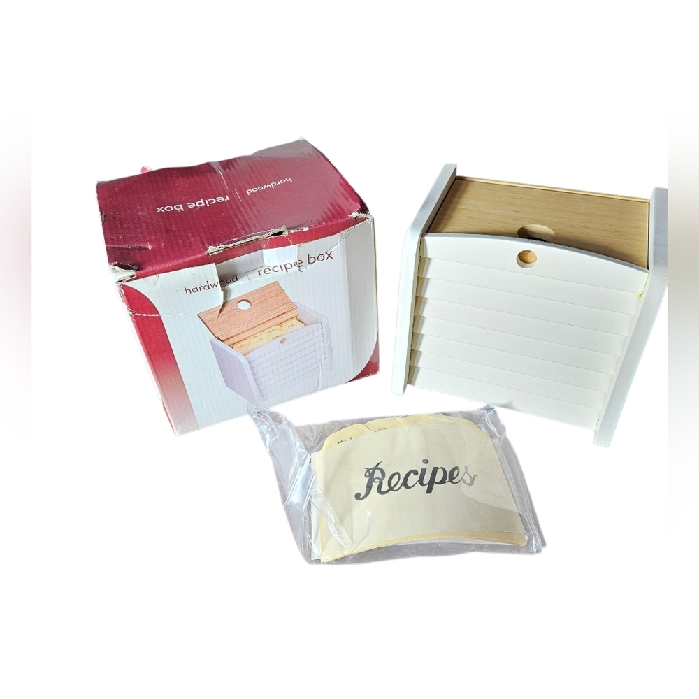 Hardwood Recipe Box with White and Tan Finish With Its Original Box.